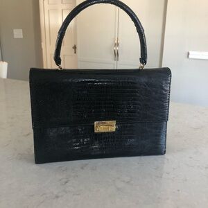 Bellestone Vintage 1950s Handbag in Black Lizard with Brass Accents